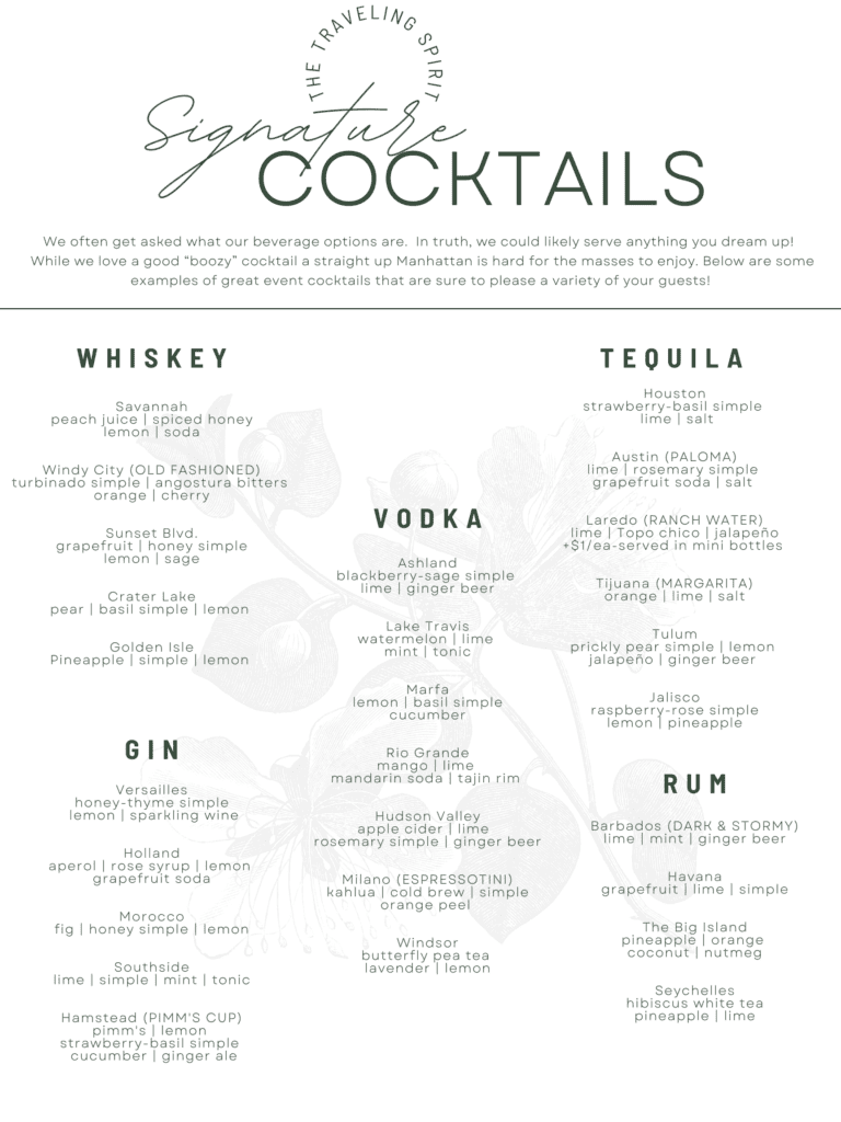 Cocktail Menu- The Traveling Spirit Mobile Bar